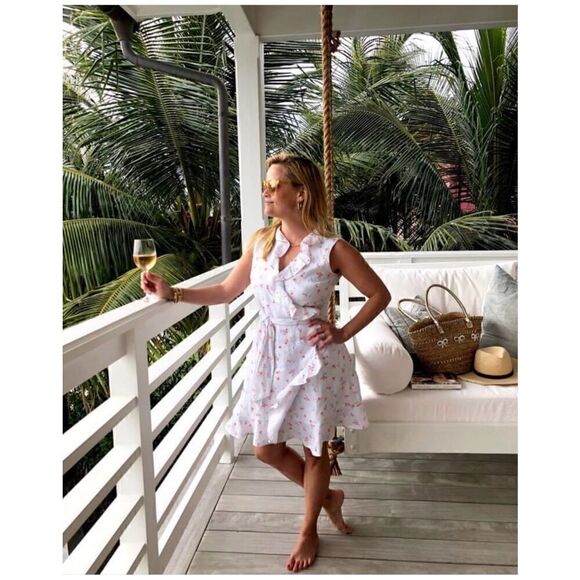 Draper James Women’s White Linen Ruffle Wrap Sleeveless Mini Dress in Multi Colo - Picture 11 of 11